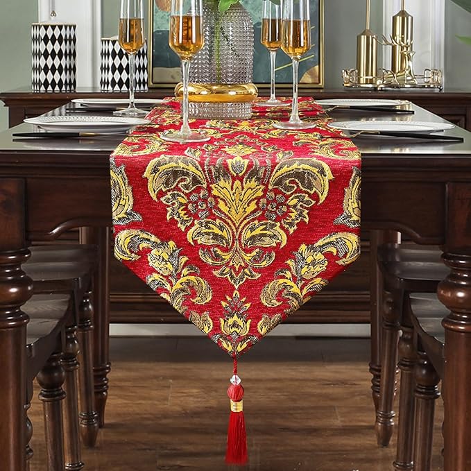 Jacquard Red Table Runner 120" Chenille Decorations for Birthday Wedding Party Handmade Centerpiece