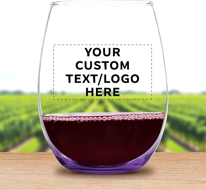 Custom Stemless Wine Glass 9 oz. Set of 10, Personalized Bulk Pack - Great for Wedding Favors, Bachelorette Party Decorations, Party Favors, Color Bottom - Purple