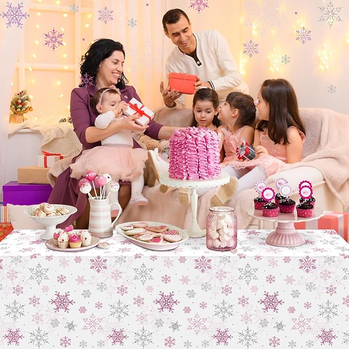 6 Pcs Christmas Snowflake Party Tablecloths Decorations,Plastic Pink Winter Onederland Rectangle Table Cover for Christmas New Year Girls 1st Birthday Baby Shower Holiday Party Decorations,54x108 inch