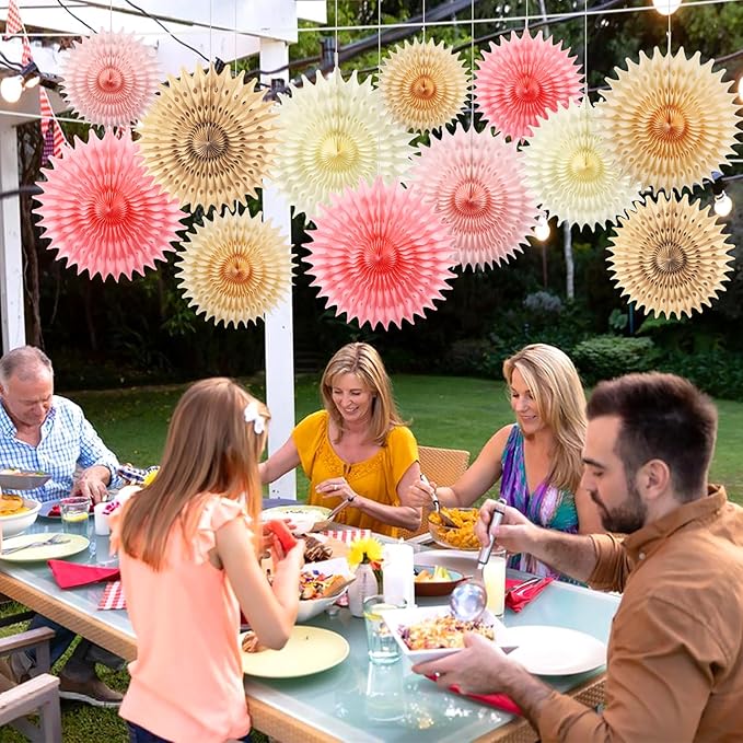 12PCS Paper Fans Champagne Gold Beige Boho Party Decorations Tissue Paper Flowers Decorations for Girl Groovy Birthday Baby Shower Wedding Bachelorette Room Wall Hanging Décor