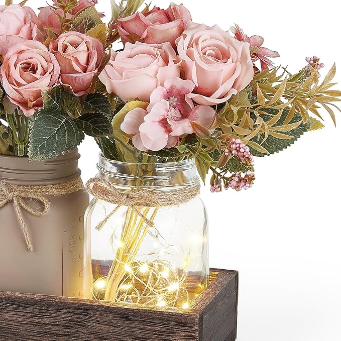 Mkono Mason Jar Lights Centerpiece Table Decorations For Dining Room Farmhouse Table Decor Tray With 3 Jars Flowers Arrangement Summer Decor For Kitchen Living Room Wedding, Pink