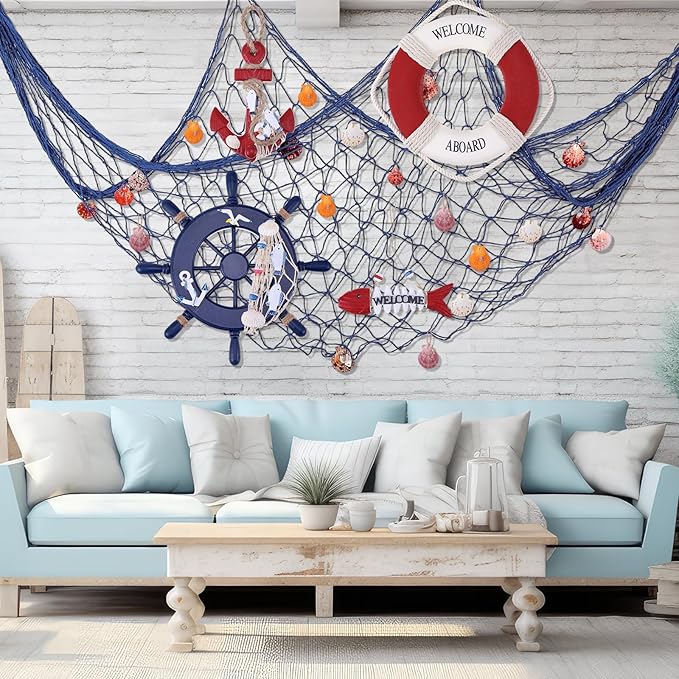 Marsui 11 Pcs Wooden Nautical Wall Decor Fishing Net Decoration, Include Decorative Fishing Net, Ship wheel, Fish Skeleton, Life Ring, Anchor, Starfish Beach Decor for Mediterranean Party (Retro Red)