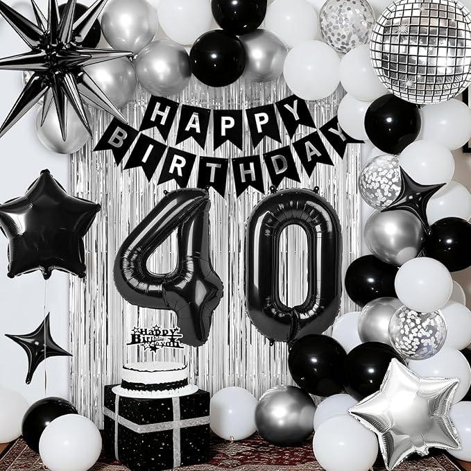 40th Birthday Decorations for Men Women, Black Silver Happy Birthday Party Decorations, 40 Year Old Party Supplies with Number 40 Balloons, Banner, Fringe Curtains Kit