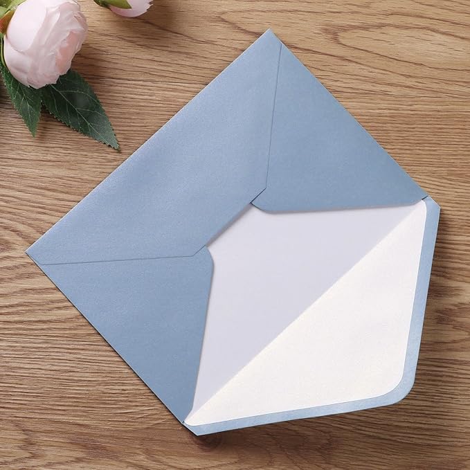 PONATIA 50 Pieces/lot A7 Envelopes, 5.25 X 7.25'' Matte Dusty Blue Envelopes Perfect For 5x7 Weddings Invitation Cards, Graduation, Acrylic Invitations, Photos (Pearl White Liner + Matte Dusty Blue)