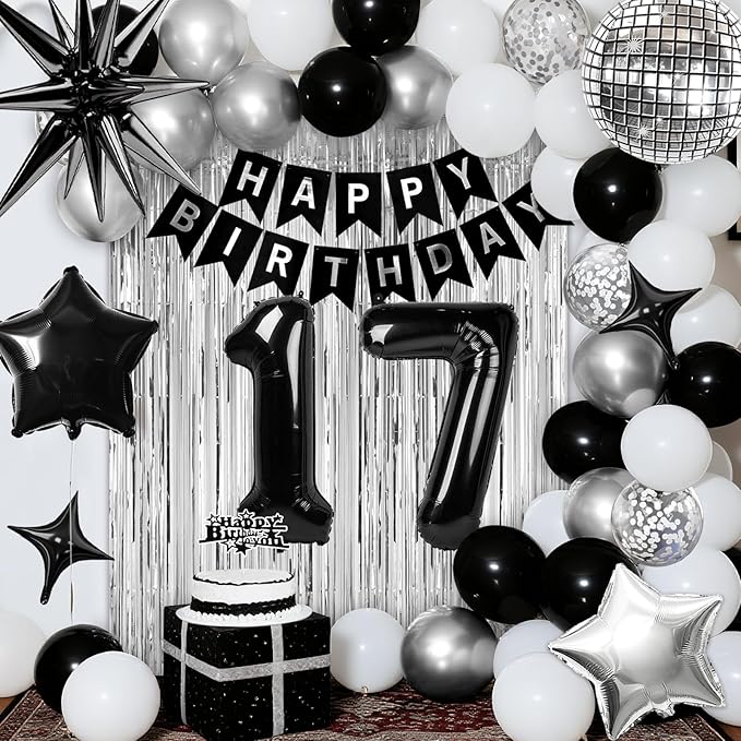 17th Birthday Decorations for Boys Girls, Black Silver Happy Birthday Party Decorations, 17 Year Old Party Supplies with Number 17 Balloons, Banner, Fringe Curtains Kit