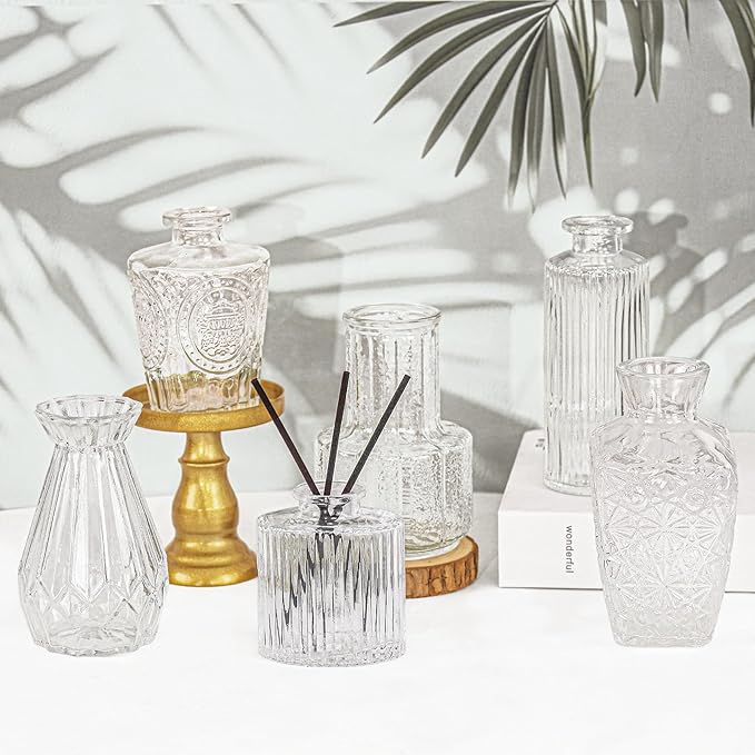 6Pcs Glass Bud Vase Set,Small Flower Vase for Tables Centerpieces Decor, Mini Vintage Clear Vase for Home,Wedding,Party Decorations(6 Pcs,Clear)