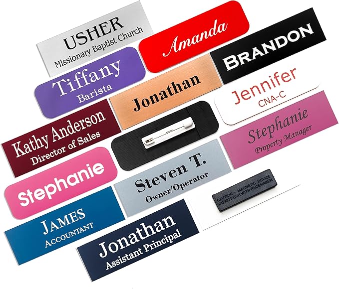 Custom Engraved Name Badges with Pin or Magnet Backing, 1" x 3" - Personalized Acrylic Name Tag with 15 Font Options and 21 Color Options - 4 Tags
