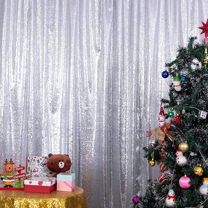 Poise3EHome 8Ft x 10Ft Silver Sequin Backdrop, Glitter Thick Satin Sequin Background Drapes, Sequence Xmas Thanksgiving Backdrop for Wedding Party Holiday Festival Decor