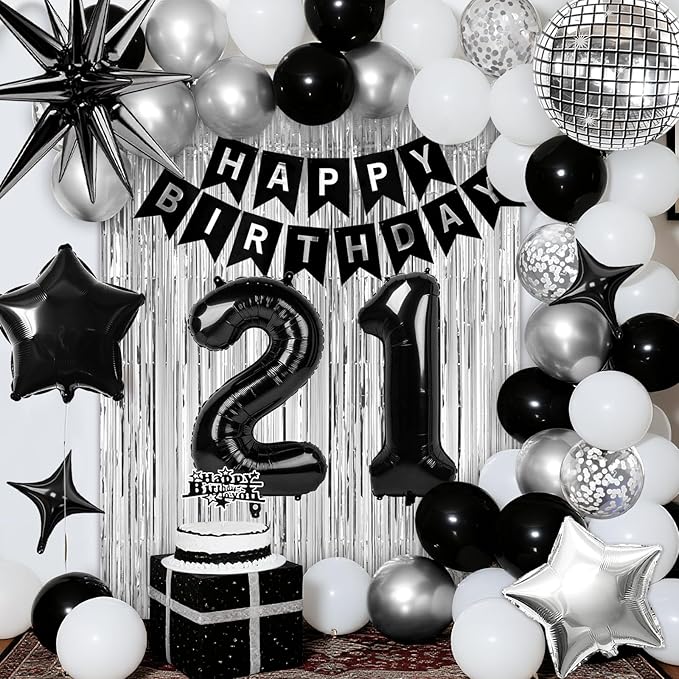 21st Birthday Decorations for Men Women, Black Silver Happy Birthday Party Decorations, 21 Year Old Party Supplies with Number 21 Balloons, Banner, Fringe Curtains Kit