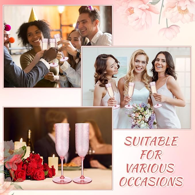 Remerry 24 Pack Detachable Plastic Champagne Flutes 5.5 oz Champagne Glasses Bulk Disposable Mimosa Glasses Reusable Wine Cups for Wedding Toasting Baby Shower Birthday Party New Years (Pink)