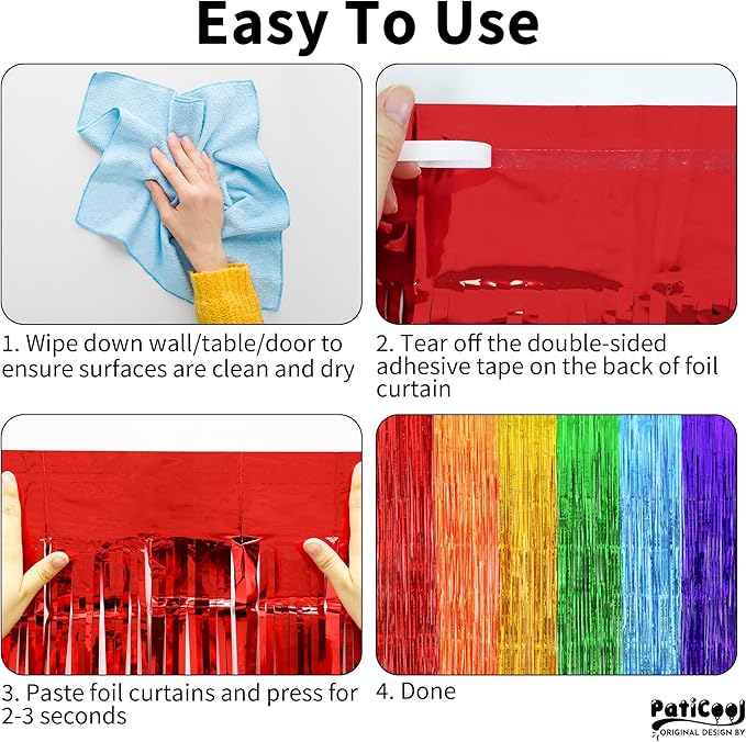 Rainbow Streamers Party Decorations - Thicken 4 Pack 3.2 x 8.2 FT - Rainbow Tinsel Foil Fringe Curtains, Photo Booth Props Backdrops for Birthday, Fiesta, Mexican, Pride, Baby Shower