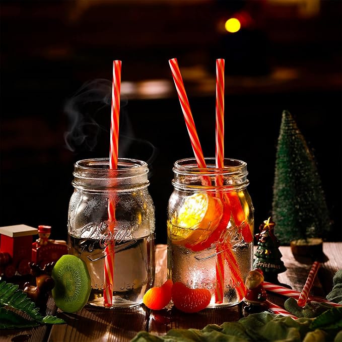 Vesici 9 Inch Plastic Striped Straws Reusable with Cleaning Brush Red Striped Hard Drinking Straws for Christmas Party Decoration Supplies(Red and White,102 Pcs)