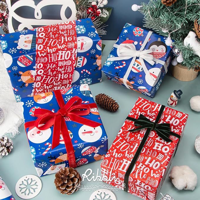 Ribbli Blue Christmas Wrapping Paper Reversible Cute Christmas elements Gift Wrapping Paper Rolls for Kids Holiday Presents Decoration-17 Inch x 33 Feet