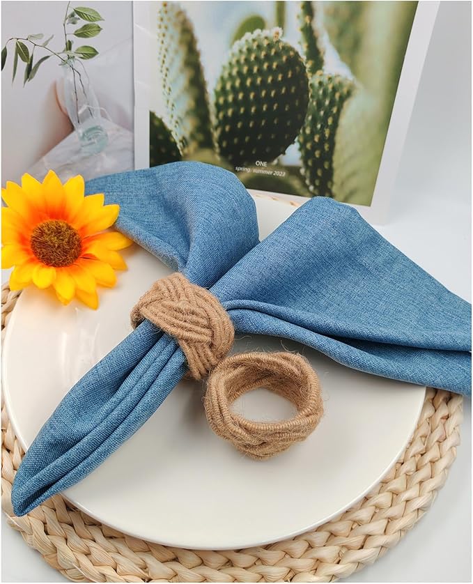 Woven Napkin Rings Set of 12, Farmhouse Burlap Cotton Yute Napkin Rings for Holiday Dinner Birthday Wedding Thanksgiving Christmas Banquet Party Decoration of Table Setting Decor(Yute 12)