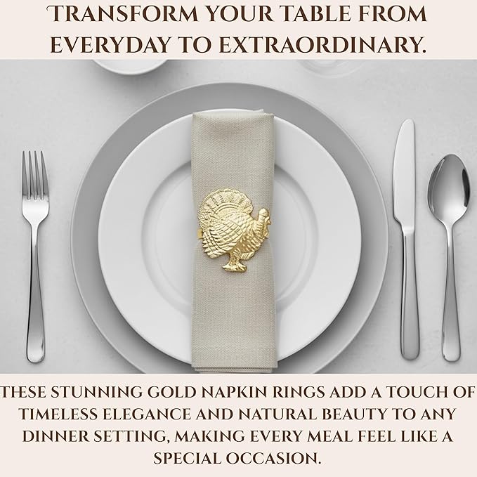 Set of 12 Turkey Napkin Rings for Thanksgiving Table Decor | Premium Metal Dinnerware Holders | Fall Harvest, Christmas & Holiday Banquet Accessories (Gold) - ALPHA Living HOME