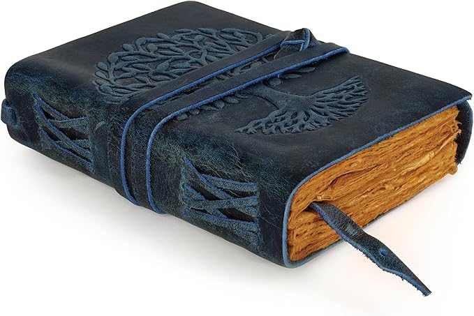 LUXEORIA Tree Of Life Leather Journal for Women and Men, Handcrafted Leather Journal for Writing Womens, Sketchbook, Travel Diary with Unlined Deckle Paper, Dark Blue 6x8