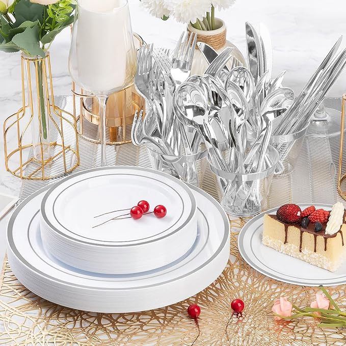 600PCS Silver Plastic Plate Set (100 Guests), Disposable Plates for Party Wedding Birthday, Dinnerware Set of 200 Plastic Plates, 200 Forks, 100 Spoons, 100 Knives for Christmas