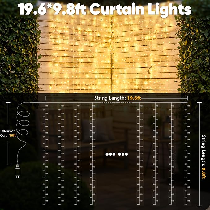 suddus 600 LED Christmas String Lights Outdoor, 9.8x19.6ft Curtain Light Plug in with Remote, 8 Modes Wall Hanging Lights for Christmas,Dorm,Wall,Window,Wedding,Party,Birthday Decor,Warm White