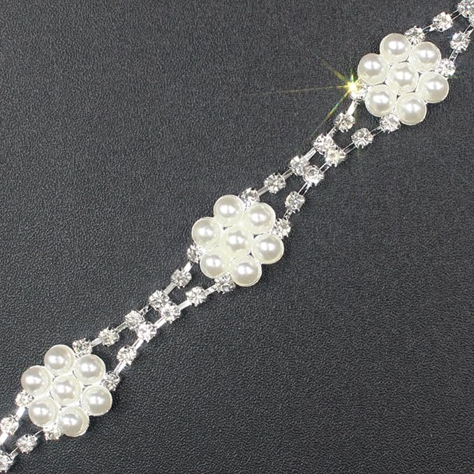 PEARLY JUN 2 Yards Pearl Rhinestone Trim Chain Silver Crystal Fringe Diamond Applique Ribbon String Tassel Strip for Sewing Wedding Dress Crafting Crafts Flower Embellishments