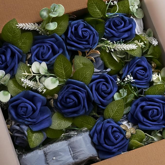 Wedding Aisle Decorations for Wedding Ceremony Set of 10 Pew Flowers for Church Chair Decorations Party Decor with Artificial Flowers Eucalyptus and Ribbons Blue