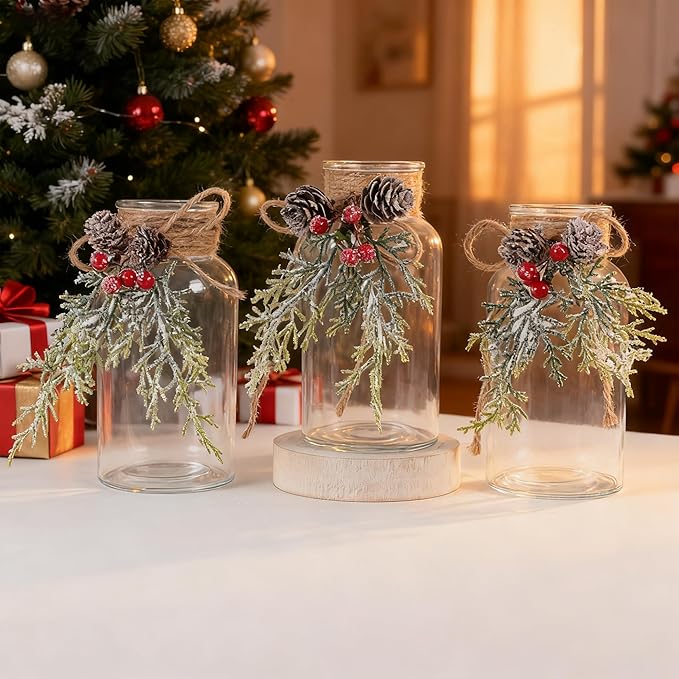 Set of 6 Xmas Decor Vases Christmas Centerpieces for Tables Farmhouse Holiday Table Decor Clear Glass Vases with Twine Ties for Christmas Decorations