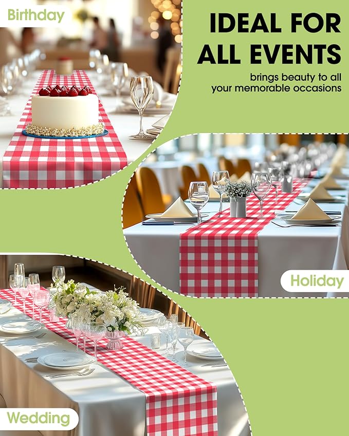 Pureegg Gingham Plastic Table Runners - 10 Pack, 14'' x 108'', Water Resistant & Disposable Plaid Centerpiece Decorations for Table Cloth, Birthday, Holiday, Party, Red and White Checkered Home Decor
