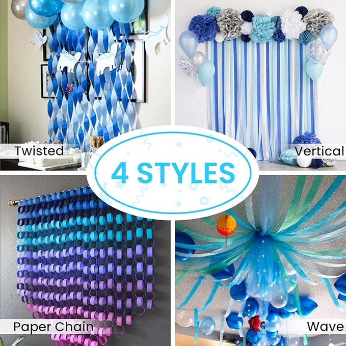 PartyWoo Crepe Paper Streamers 4 Rolls 328ft, Pack of Light Blue Crepe Paper for Party, Wedding, Birthday & Baby Shower Decorations (1.8 Inch x 82 Ft/Roll)