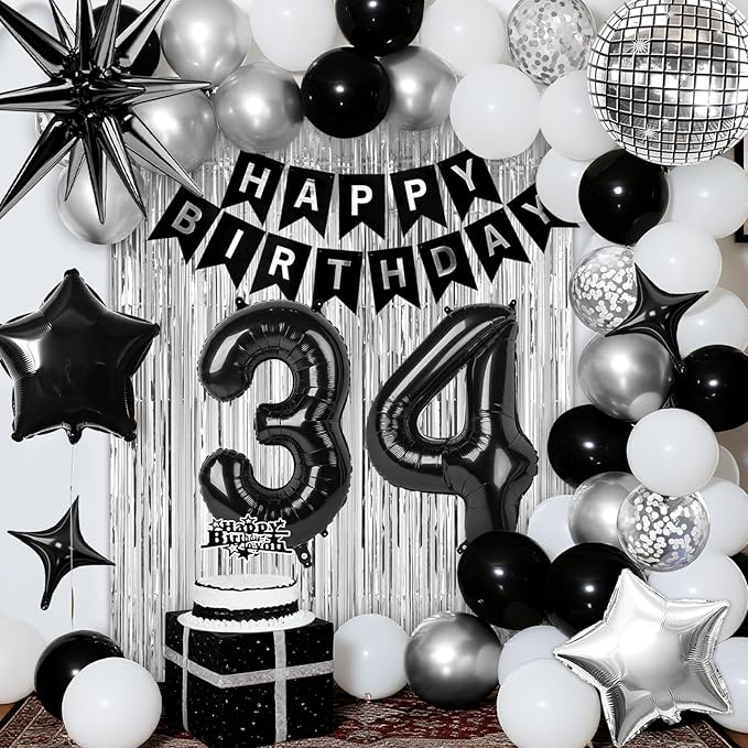 34th Birthday Decorations for Men Women, Black Silver Happy Birthday Party Decorations, 34 Year Old Party Supplies with Number 34 Balloons, Banner, Fringe Curtains Kit