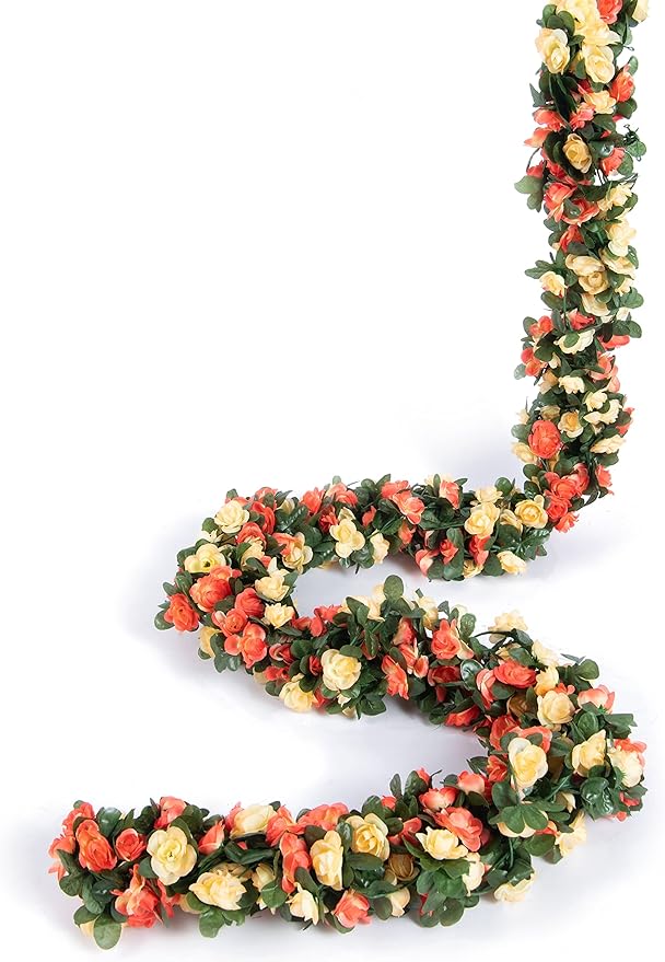 6 Pcs x 8.2 ft Flower Garland Artificial Rose Vine Flowers with Green Leaves Hanging Fake Roses Vine for Room Party Home Wedding Birthday Christmas Wall Arch Decor, Champagne Flower