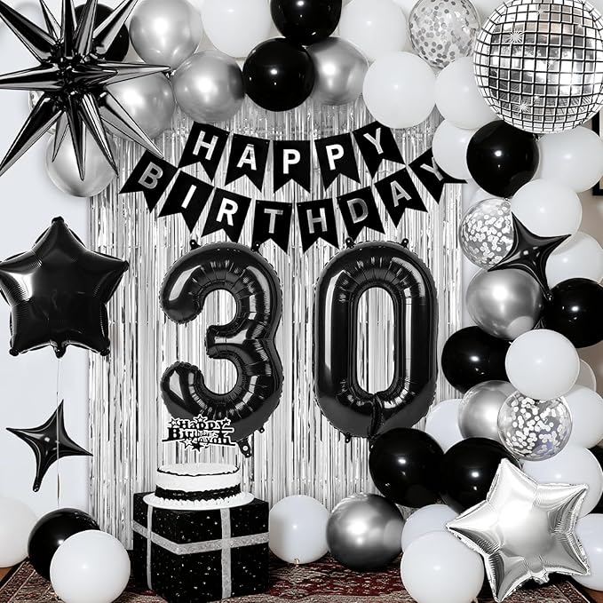 30th Birthday Decorations for Men Women, Black Silver Happy Birthday Party Decorations, 30 Year Old Party Supplies with Number 30 Balloons, Banner, Fringe Curtains Kit