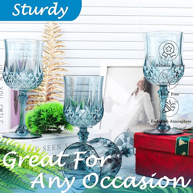 Plastic Wine Glasses,Plastic Goblets Vintage Style Cordial Drinking Glasses for Wedding Reception, Grand Event Party Supplies (12, Dusty Blue)