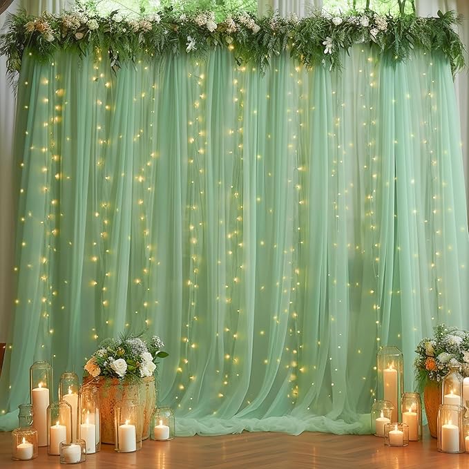 10×10ft Green Tulle Backdrop Curtain with Lights String for Parties, Sheer Photo Curtain Backdrop Drapes for Wedding Party Photography Backgrounds