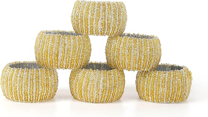 Decorative Beaded Napkin Rings Set of 12 - Rhinestone Serviette Holder for Table Décor, Christmas, Thanksgiving, Weddings, Parties, Artisan Festive Luxury Dining Napkin Holders (Yellow) - CLEENTABLE