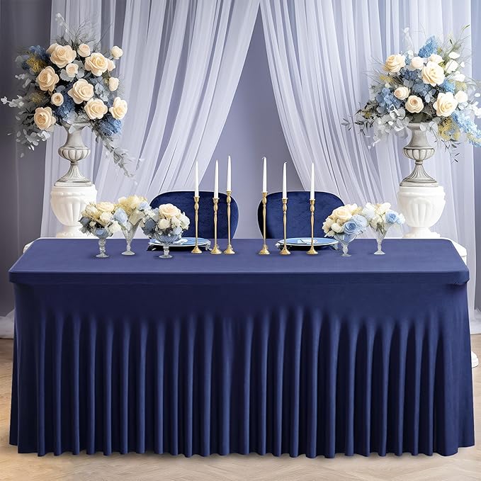 Wish Care 2 Pack Navy Blue Spandex Table Clothes for 4 Foot Rectangle Tables, 4FT Wrinkle Free Fitted Tablecloths Ruffles Design Table Cover for Party, Banquet, Wedding and Events