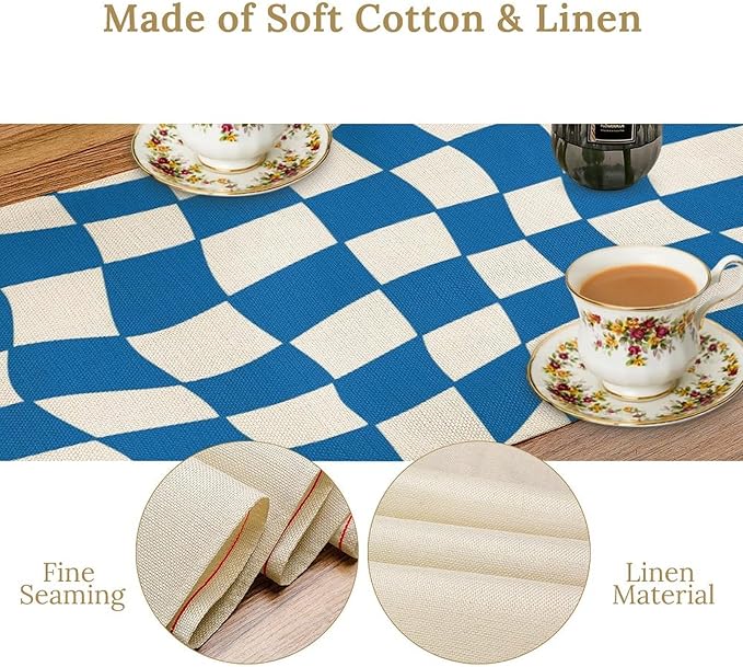 Table Flag Retro Plaid 60s70s Blue Plaid Table Flag Kitchen Restaurant Decoration Suitable for Indoor and Outdoor Festival Home Wedding Party Table Flag 13x60