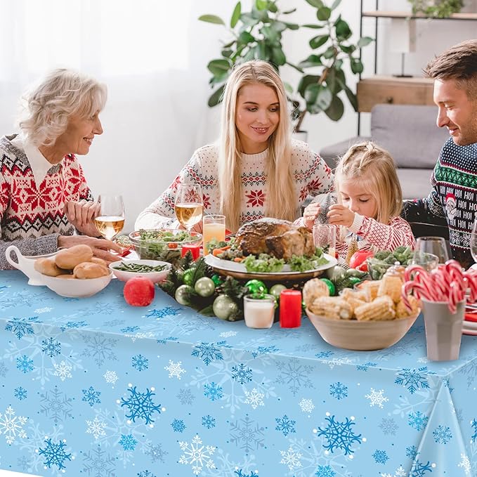 3 Pieces Snowflake Christmas Tablecloth, Plastic Ice Blue and White Winter Wonderland Table Cover for Holidays, 54x108 inch