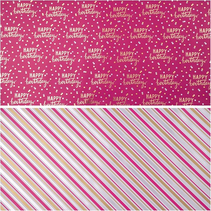 LeZakaa Reversible Pink Birthday Wrapping Paper Roll for Girls Women, Happy Birthday Lettering & Stripe Pattern with Metallic Foil in Rose Pink, Mini Roll, 17 inches x 32.8 Feet (46.45 sq.ft.)