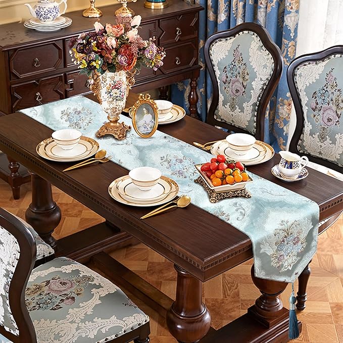 HeMiaor Chenille Luxury Table Runner Jacquard Textured Design for Office Desk Decoration and Coffee Table Decor Light Blue Table Runners 72 inches Long