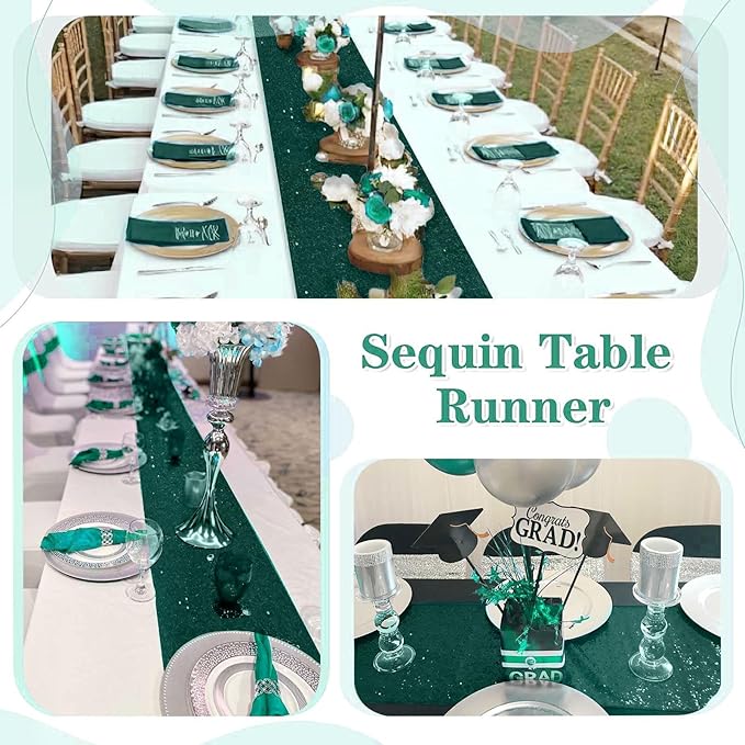 Sequin Table Runners 5 Pieces Emerald Green Table Runners 12x72 Inch Glitter Dining Table Cover for Party Wedding Birthday Reception Banquet Decoration Spring Party Chair Sashes