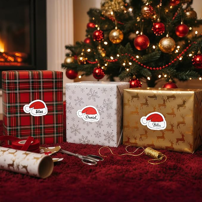 CALLIE Personalized Christmas Stickers with Custom Name, Waterproof Custom Christmas Name Tags Stickers, Peel and Stick Christmas Gift Tags (Santa Hat)