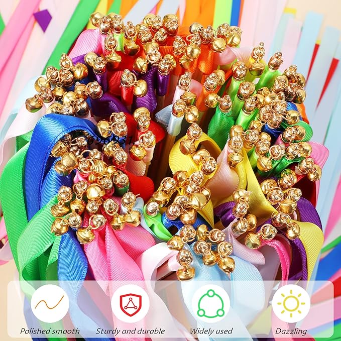 100Pcs Multi-Color Ribbon with Gold Bell, Fairy Wands Chromatic Silk Wish Wand Streamers Sticks for Wedding Send Off, Bridal Shower Party Photo Props, Birthday, Pride Parade Decorations