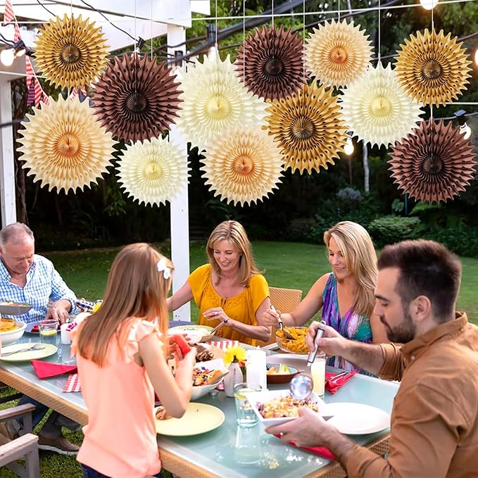 12PCS Paper Fans Brown Neutral Boho Party Decorations Tissue Paper Flowers Decorations for Girl Groovy Birthday Baby Shower Wedding Bachelorette Room Wall Hanging Décor