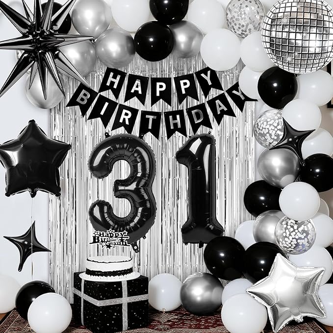 31st Birthday Decorations for Men Women, Black Silver Happy Birthday Party Decorations, 31 Year Old Party Supplies with Number 31 Balloons, Banner, Fringe Curtains Kit