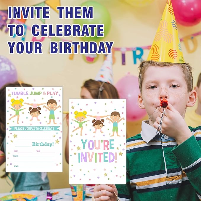 Gymnastics Birthday Party Invitation, Tumble Jump & Play Invite Cards(20 Count) With Envelopes, Fill In Style Invite Cards For Boys, Girls, Kids, Birthday Party Supplies-A46
