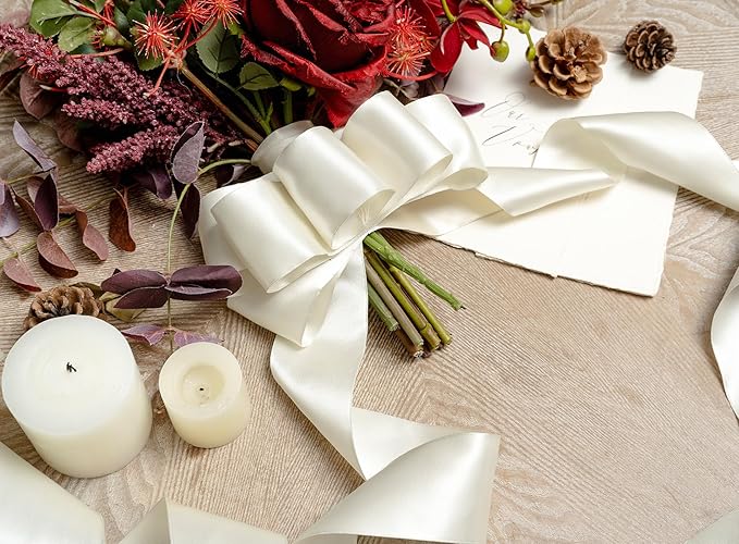 Ivory Satin Ribbon Double-Faced Wired Ribbons for Gift Wrapping Flower Bouquet Bows Wedding Invitation Christmas Decor Crafts 2-1/2 Inch 10 Yards