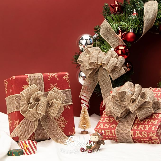 Ribbli Burlap Wired Edge Ribbon,1-1/2 Inch x 10 Yard,Natural,Solid for Big Bow,Wreath,Tree, Outdoor Decoration