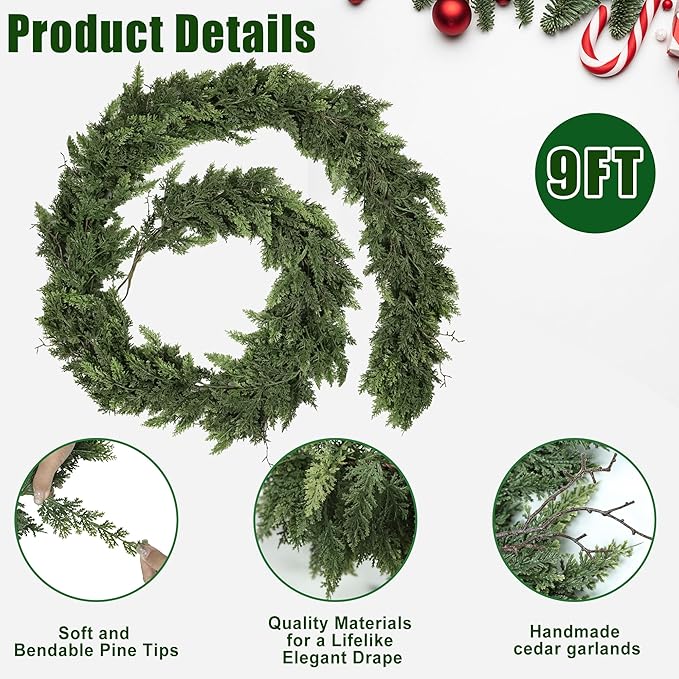Realistic Christmas Garland for Mantle 9FT Real Touch Thick/Lush Artificial Cedar Garlands Christmas Decorations Indoor Christmas Garland for Stairs Railing Outdoor Table Xmas Holiday Decor Greenery