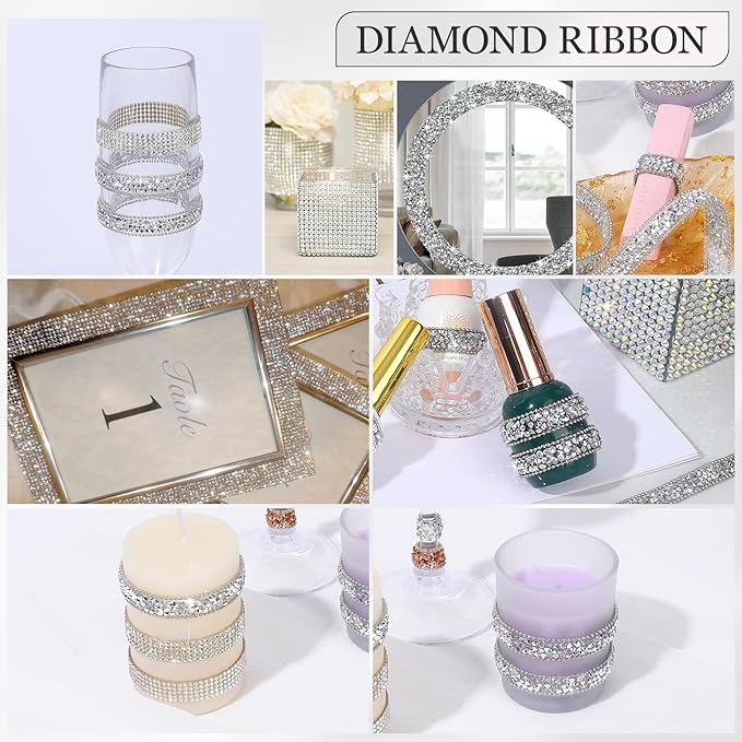 Rhinestone Ribbon 3 Yards Self Adhesive Rhinestone Strips Diamond Ribbon Sticker Crystal Roll Glitter Bling Rhinestones Tape for Crafting DIY Art Decoration (Silver,0.4 Inch)