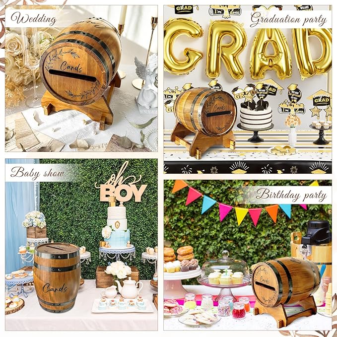 OurWarm Wooden Wedding Card Box for Party with Base, Brown Whiskey Barrel Gift Card Box Holder for Cards Envelops and Money, Rustic Wedding Decor for Graduation Baby Shower Birthday Party