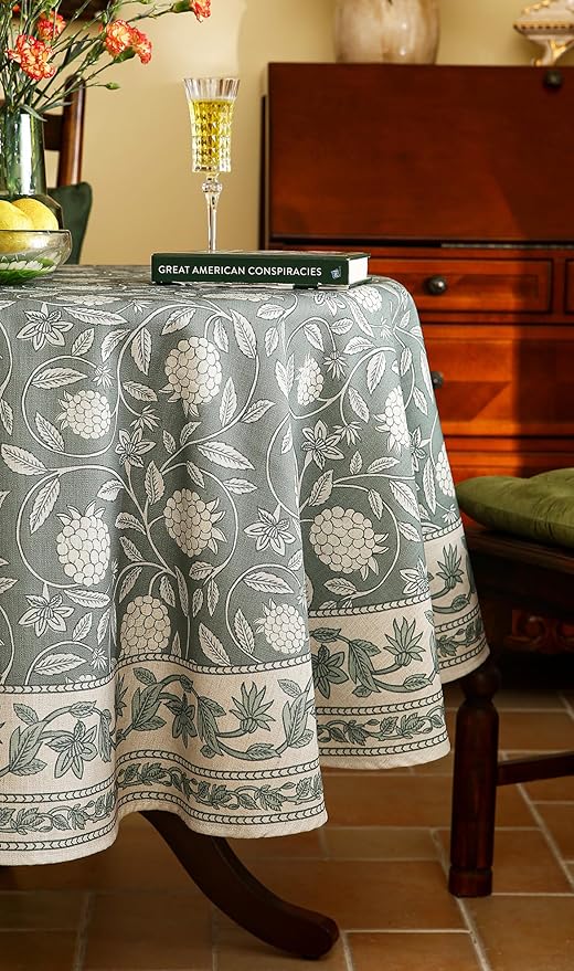 ISAENNE Designer Grayish Green Linen Round Tablecloth,Floral Elegant Stain Resistant Table Cloth,Fall Vintage Decor Tablecloths for Dining Thanksgiving Kitchen Party,Diameter 67"-Andrew A